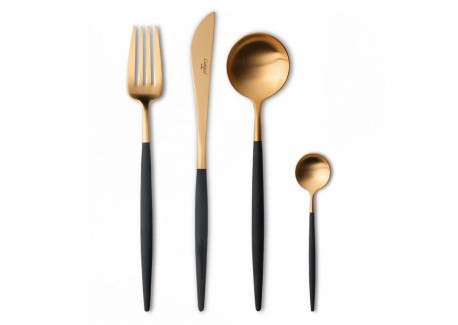 Goa Set Couverts 24 pcs Or Brossé Manche Noir + Coffret en Bois - Cutipol
