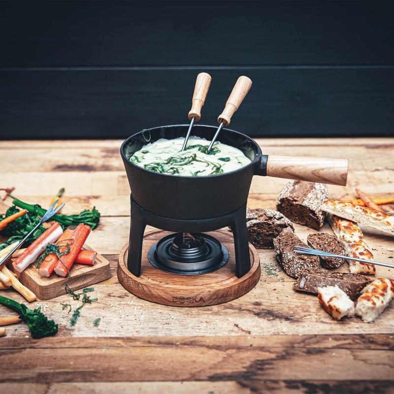 Service à fondue avec plateau en bois