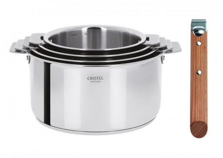 Casteline 5 Set Casseroles Inox Brillant 4 pcs + Manche Amovible Bois Hêtre  - Cristel