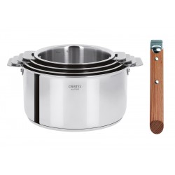 Casteline 5 Set Casseroles Inox Brillant 4 pcs + Manche Amovible Bois Hêtre  - Cristel Casteline 5 Set Casseroles Inox Brillant 4 pcs + Manche Amovible Bois Hêtre  - Cristel