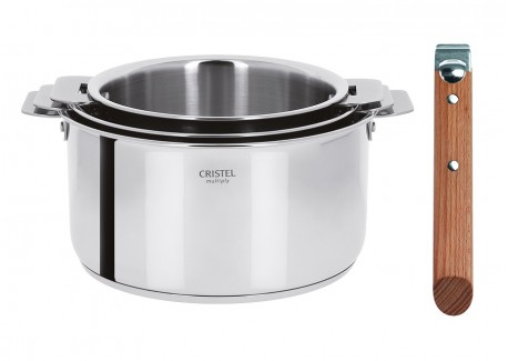 Casteline 5 Set Casseroles Inox Brillant 3 pcs + Manche Amovible Bois Hêtre  - Cristel