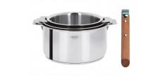 Casteline 5 Set Casseroles Inox Brillant 3 pcs + Manche Amovible Bois Hêtre 