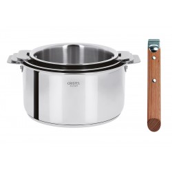 Casteline 5 Set Casseroles Inox Brillant 3 pcs + Manche Amovible Bois Hêtre  - Cristel Casteline 5 Set Casseroles Inox Brillant 3 pcs + Manche Amovible Bois Hêtre  - Cristel