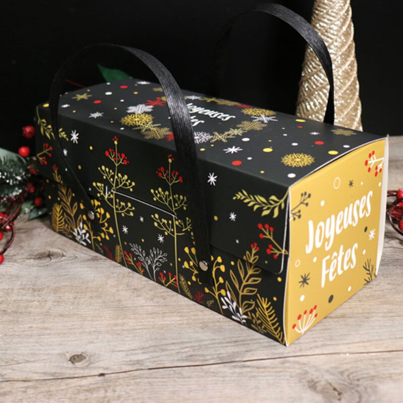 Boite de transport pour bûche de Noël en carton avec poignées modèle glacé  11 x 11 x 35 cm - Patisdecor