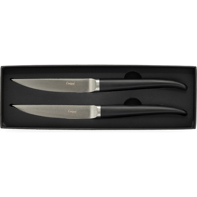 Cutipol - Rib Couteaux à Steak Brossé Manche Noir 2 pces + Coffret
