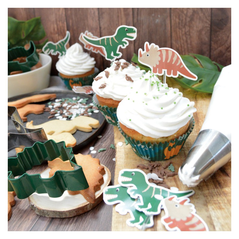 Kit Déco & Caissettes Cupcakes Papier Dino 24 pcs