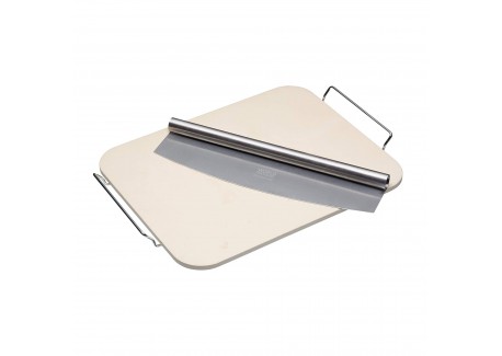 Rechthoekige Pizzasteen met Houder 37,5x30 cm en Pizzasnijder - KitchenCraft