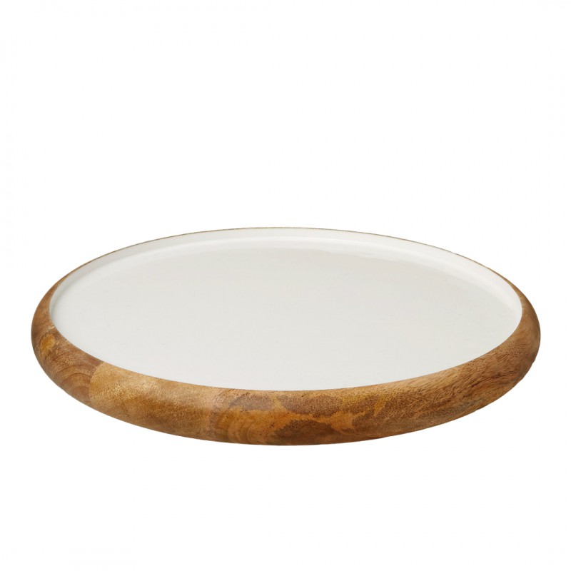 Plateau Tournant Rond Bois de Manguier et Résine Blanche 35 cm  - Be Home