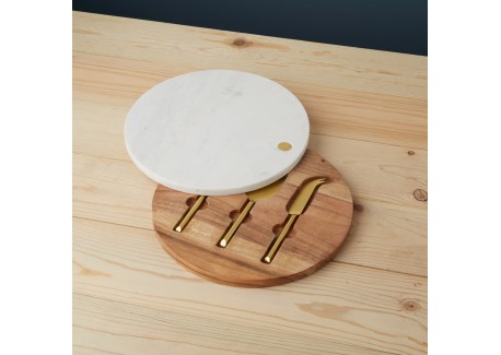 SAMFUNG Plateau à Fromage Rond Coulissant En Bois D'Acacia Avec 3 Outils - Diamètre 19,1 Cm, Idéal Cadeau