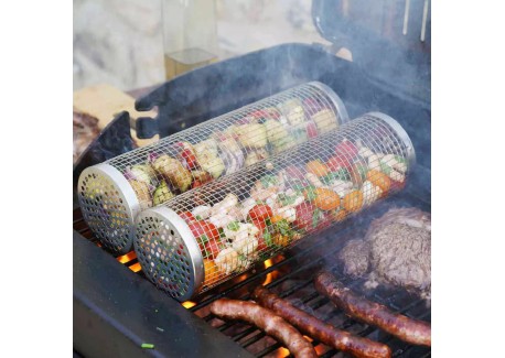 Grillmanden voor buitengrill, roestvrijstalen ronde barbecue-netbuis, draagbare barbecuekooi voor groenten, groenteschillen en grillaccessoires voor barbecue-koken