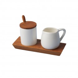Pot à Lait et Sucrier en Céramique Blanc + Plateau en Bois  - Be Home Pot à Lait et Sucrier en Céramique Blanc + Plateau en Bois  - Be Home