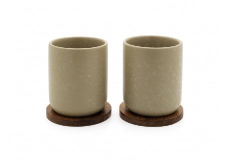 Uméa Set 2 Tasses Céramique 20 cl  Beige Sable + Support Bois Acacia  - Bredemeijer