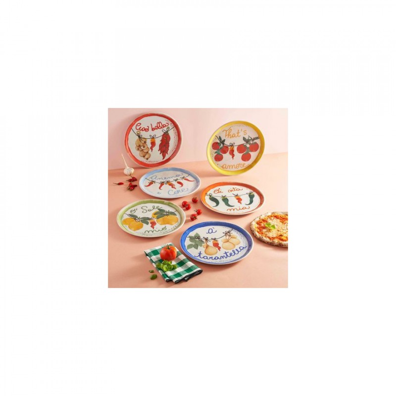 Lot De 4 Assiettes à Pizza En Grès 33,5 Cm - Décor Azulejos Lisbonne, Finition Brillante, Lavage Main