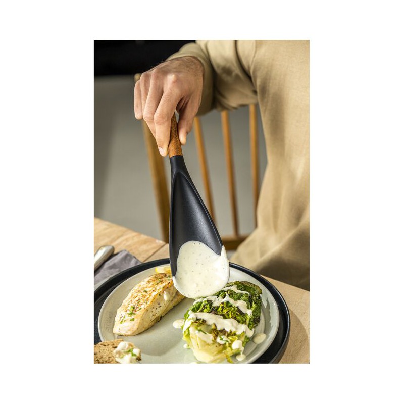 Spatule Cuillère Silicone Noir Manche Bois 30 cm - Staub