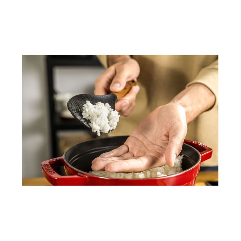 Cuillère à Riz Silicone Noir Manche Bois 22 cm - Staub
