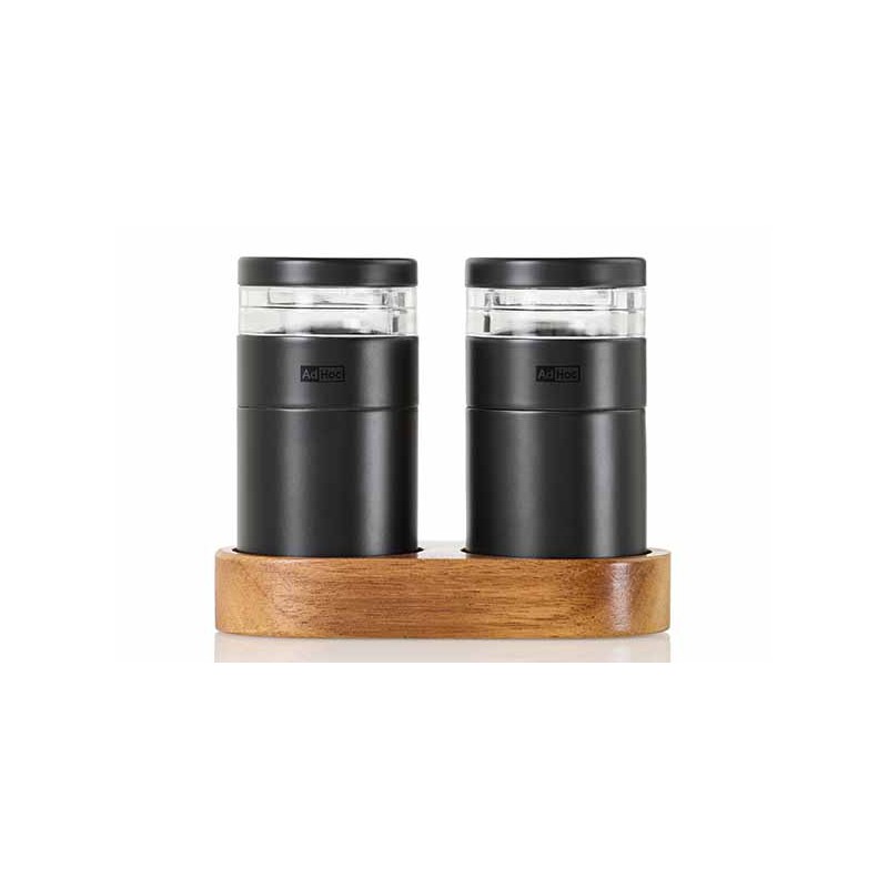 Molto Duo Moulins à Poivre et à Sel Noir 8,5 cm + Base Bois Acacia - Ad Hoc