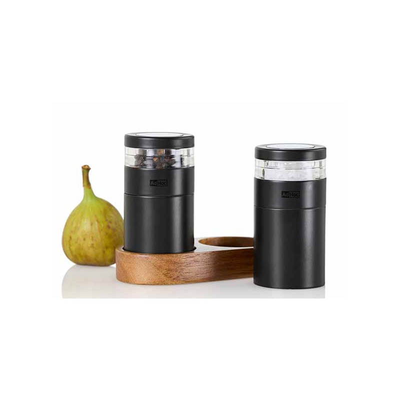 Molto Duo Moulins à Poivre et à Sel Noir 8,5 cm + Base Bois Acacia - Ad Hoc