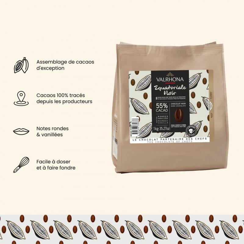 Chocolat Noir Equatoriale 55% Sachet Fèves 1 kg - Valrhona