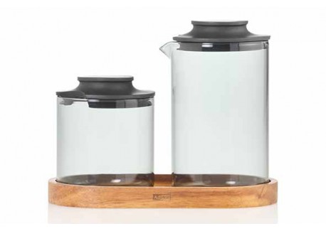 Impact Pot à Lait et Sucrier Verre Gris avec Couvercle + Plateau Bois Acacia  - Ad Hoc