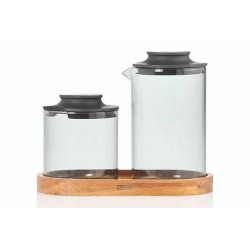 Impact Melkkan en Suikerpot Grijs Glas + Acaciahouten Dienblad - Ad Hoc