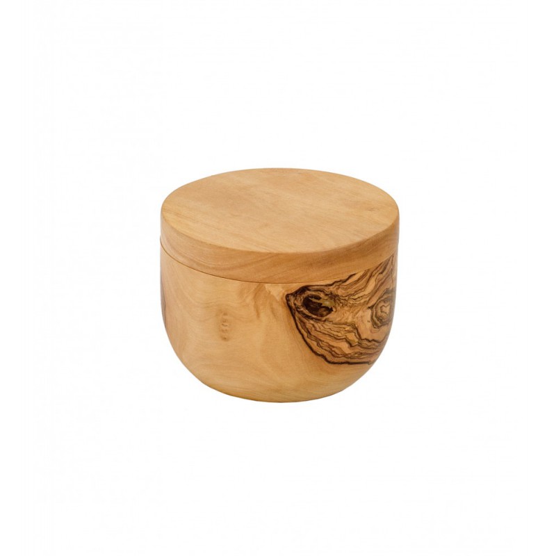Pot à Sel Rond en Bois d'Olivier avec Couvercle Pivotant Ø10 cm - Bérard