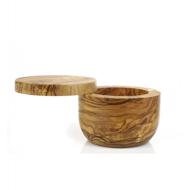 Pot à Sel Rond en Bois d'Olivier avec Couvercle Pivotant Ø10 cm - Bérard
