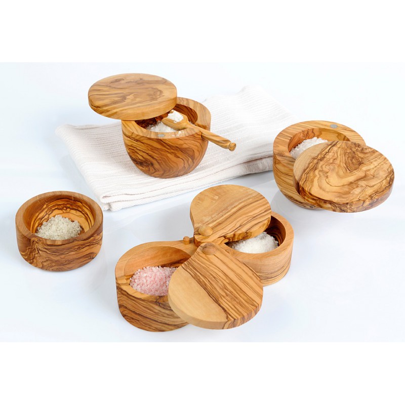 Pot à Sel Rond en Bois d'Olivier avec Couvercle Pivotant Ø10 cm - Bérard