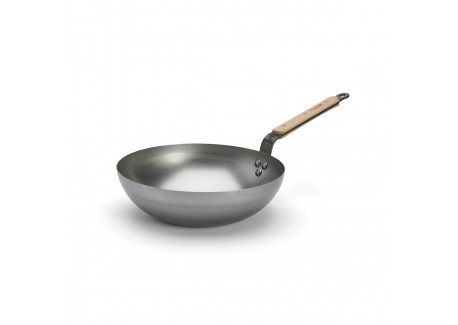 Mineral B Wok en Acier 28 cm avec Poignée en Bois - De Buyer