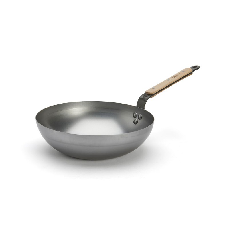 Mineral B Wok en Acier 28 cm avec Poignée en Bois - De Buyer