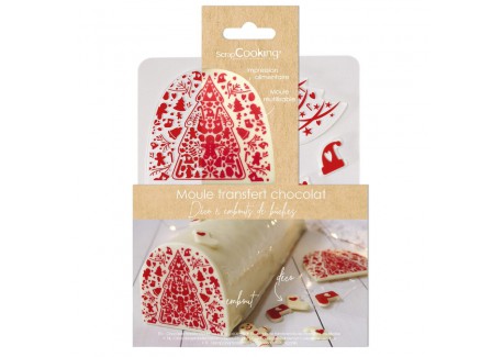 Chocoladetransfermal Chablon Bûche en Rode Kerstdecoraties - Scrapcooking