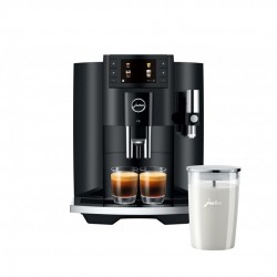 E8 Pianoblack Koffiemachine (EC 2023) + Glazen Melkkan