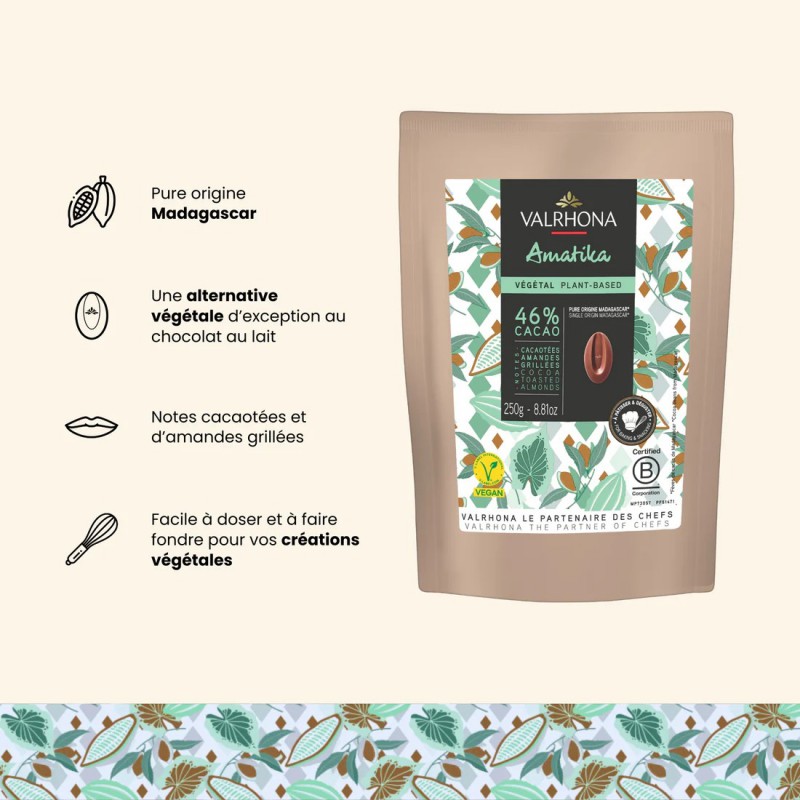Chocolat au Lait Vegan sans Lactose Amatika 46% Sachet Fèves 250 g  - Valrhona
