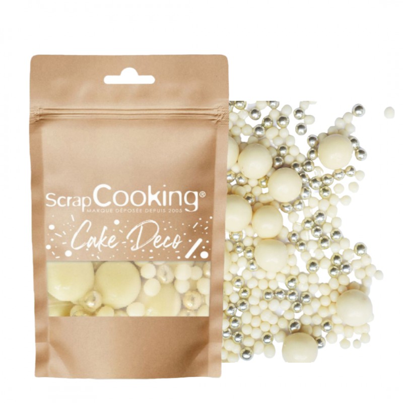 Déco Gâteau Perles Croustillantes en Chocolat Blanc et Doré 50g - Scrapcooking