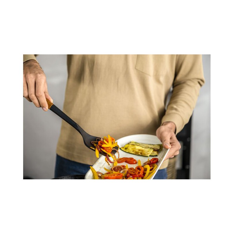 Zwarte Siliconen Wokspatel met Houten Handvat 31 cm - Staub