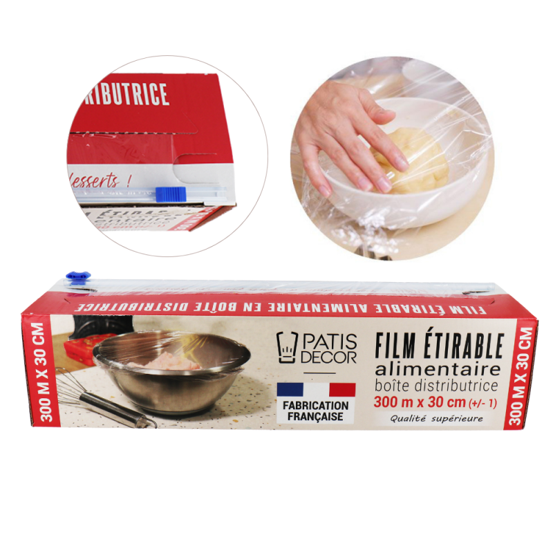 Rouleau Film Étirable Alimentaire en Boîte Distributrice 300 m x 0,30 m - Patisdécor
