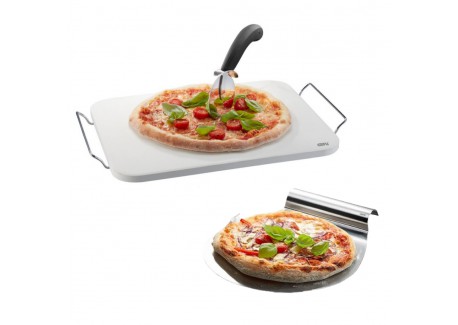 Darioso Set Pierre à Pizza Rectangulaire 38x30 cm Pelle et Roulette à Pizza  - Gefu