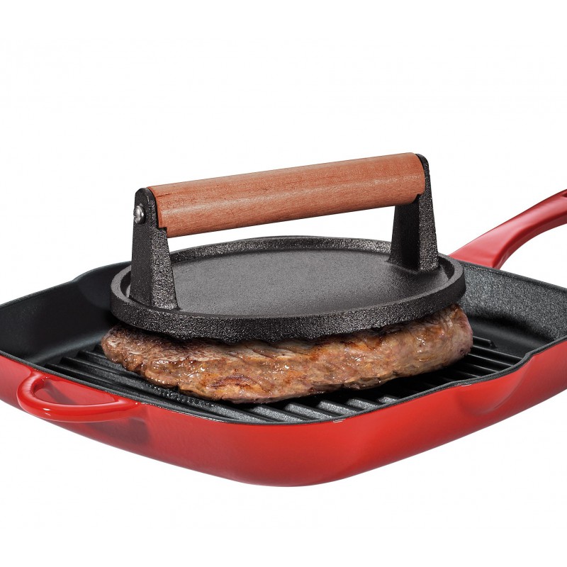 Presse à Viande Ronde Striée en Fonte pour Grillades et Smash Burger 18 cm - Kuchenprofi