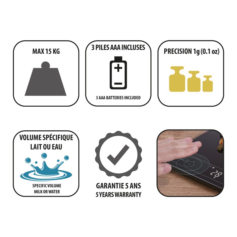 Balance de Cuisine Précision 15kg/1g Tare sans Contact Noire 24x20 cm  - Cristel