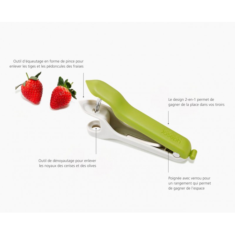 Tweezy Dénoyauteur Cerises Olives et Equeuteur à Fraises 3 en 1 Vert 17 cm - Joseph Joseph