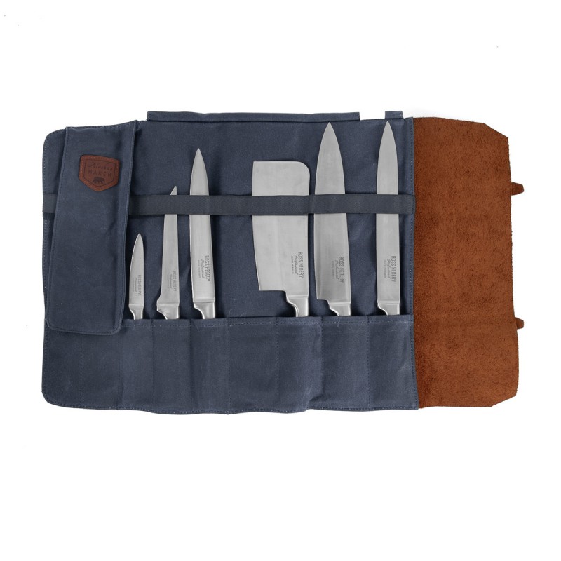 Chef Etui Couteaux Pliant Cuir et Toile 9 Compartiments Bleu Marine 38x37 cm  - Alaskan Maker