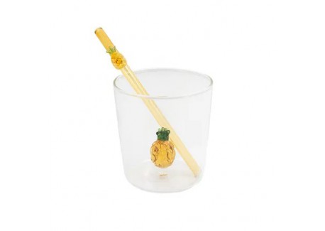 Ananas Verre à Eau Décor 3D 300 ml + Paille Réutilisable en Verre Jaune  - Point Virgule