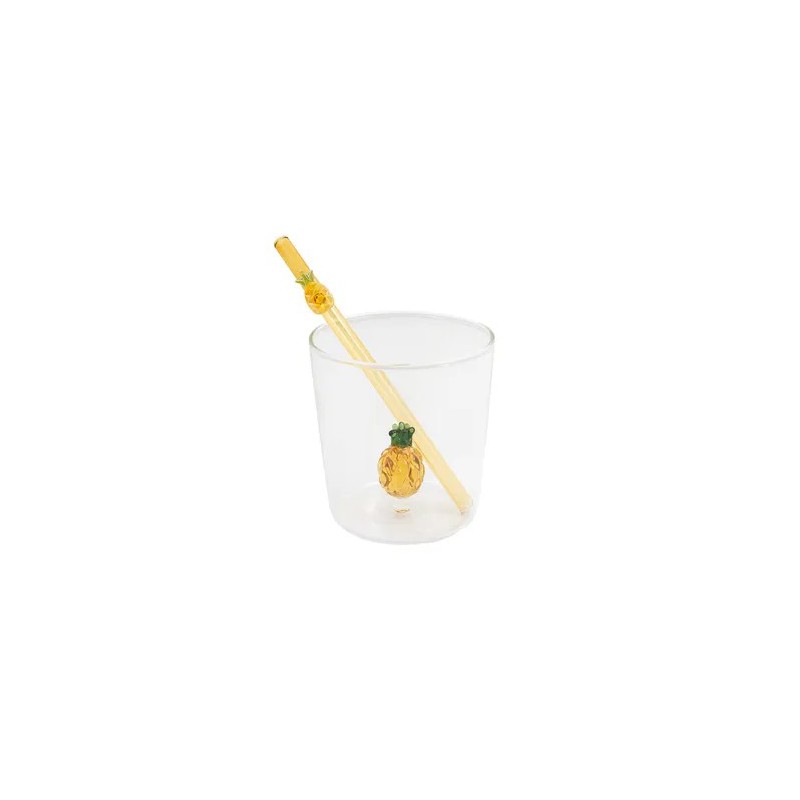 Ananas Set Glas 300 ml + Herbruikbare Geel Glazen Drinkrietje - Point Virgule