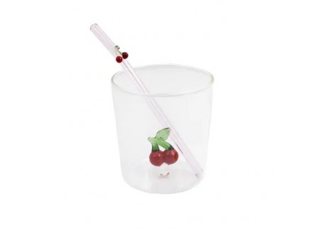 Cerise Verre à Eau Décor 3D 300 ml + Paille Réutilisable en Verre  - Point Virgule