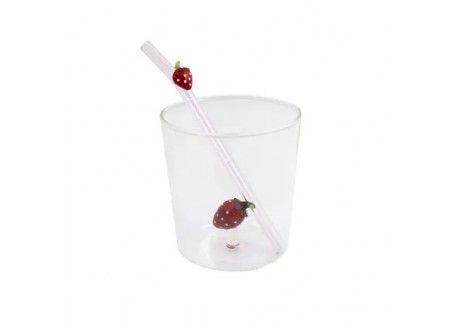 Aardbei Set Glas 300 ml + Herbruikbare Glazen Drinkrietje - Point Virgule