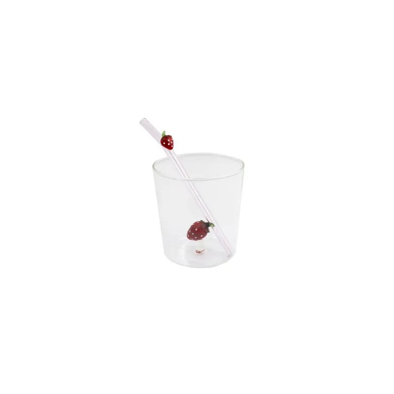 Aardbei Set Glas 300 ml + Herbruikbare Glazen Drinkrietje - Point Virgule
