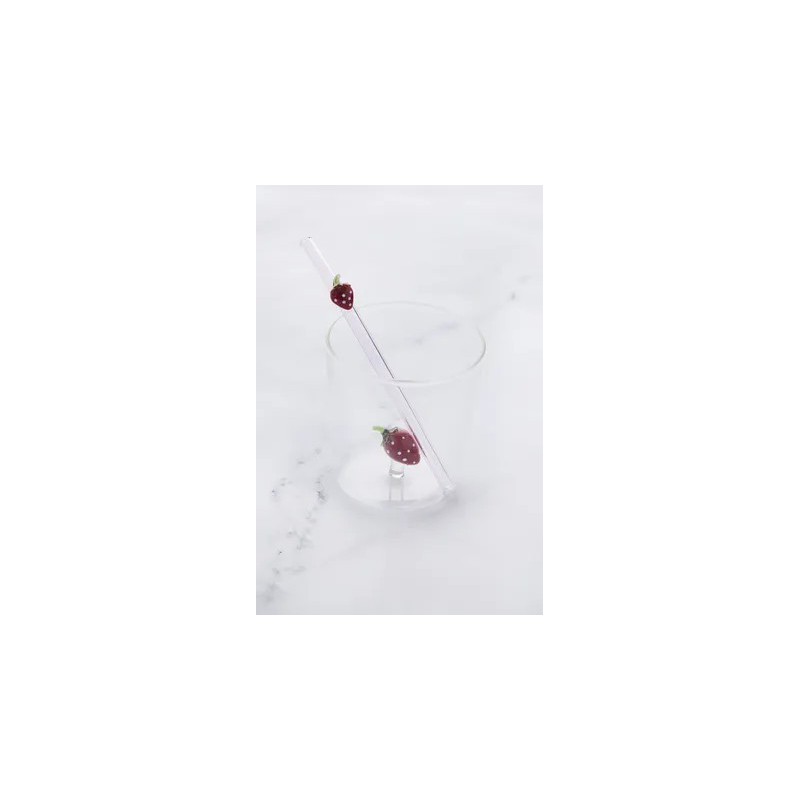 Aardbei Set Glas 300 ml + Herbruikbare Glazen Drinkrietje - Point Virgule