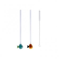 Pailles Réutilisables en Verre Motif Petit Poisson 2 pcs 20 cm + Goupillon  - Point Virgule