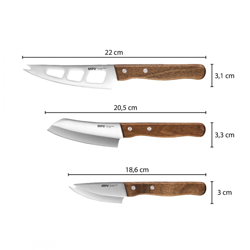 Cavina Set Couteaux à Fromage Lame Inox Manche Bois de Noyer 3 pcs  - Gefu