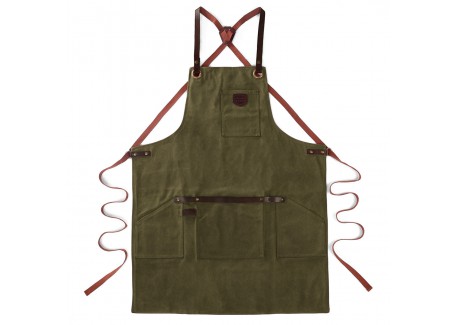 N°547 Tablier de Cuisine à Bretelles Toile Coton Enduit et Cuir Vert Olive  - Alaskan Maker