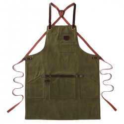 N°547 Keukenschort met Bandjes Gecoat katoenen Canvas Leer Olijfgroen - Alaskan Maker